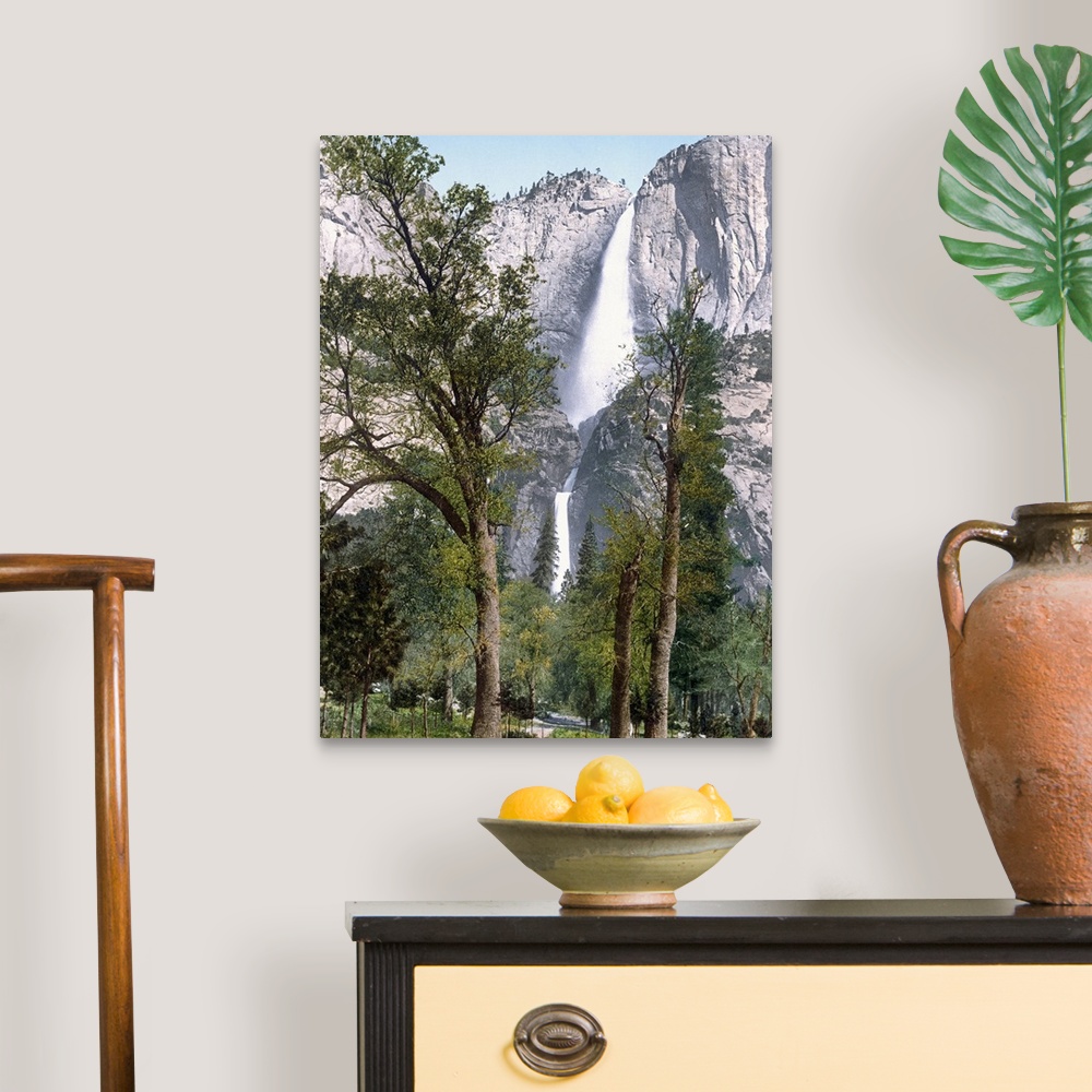 A traditional room featuring Big, vertical photograph of Yosemite Falls seen through the trees in Yosemite Valley, California.