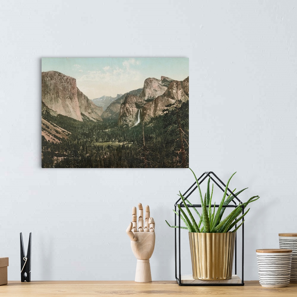 A bohemian room featuring Hand colored photograph of Yosemite Valley from artists' point, California.