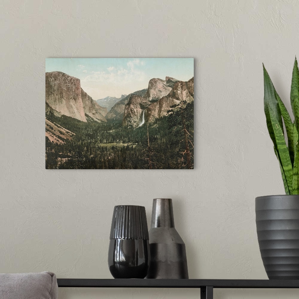 A modern room featuring Hand colored photograph of Yosemite Valley from artists' point, California.