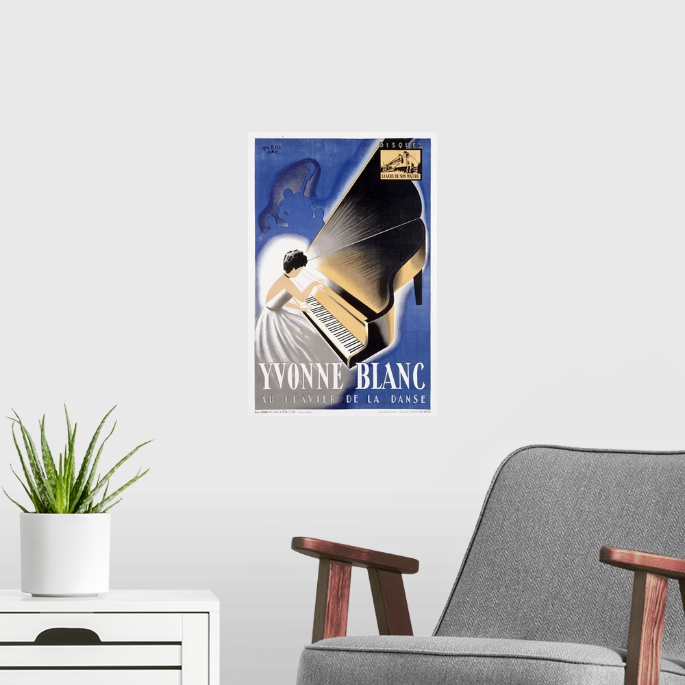 A modern room featuring Portrait vintage advertisement on a big wall hanging for jazz pianist, Yvonne Blanc.  An illustra...
