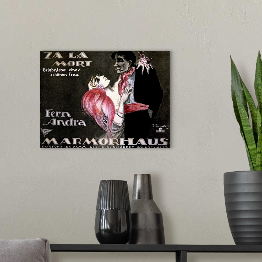 A modern room featuring Vintage advertisement for the Marmorhaus theatre in Berlin, featuring a woman in an evening dress...
