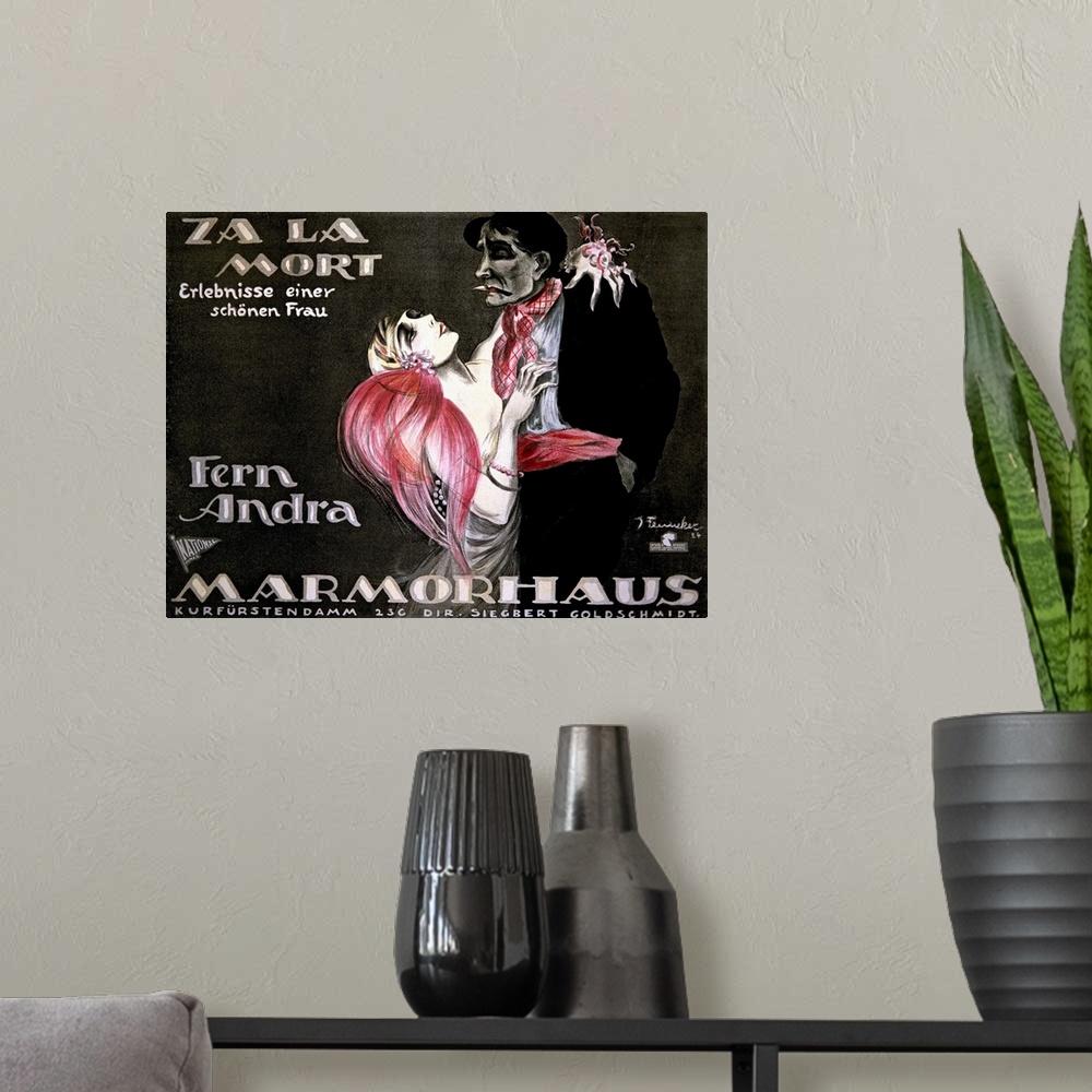 A modern room featuring Vintage advertisement for the Marmorhaus theatre in Berlin, featuring a woman in an evening dress...
