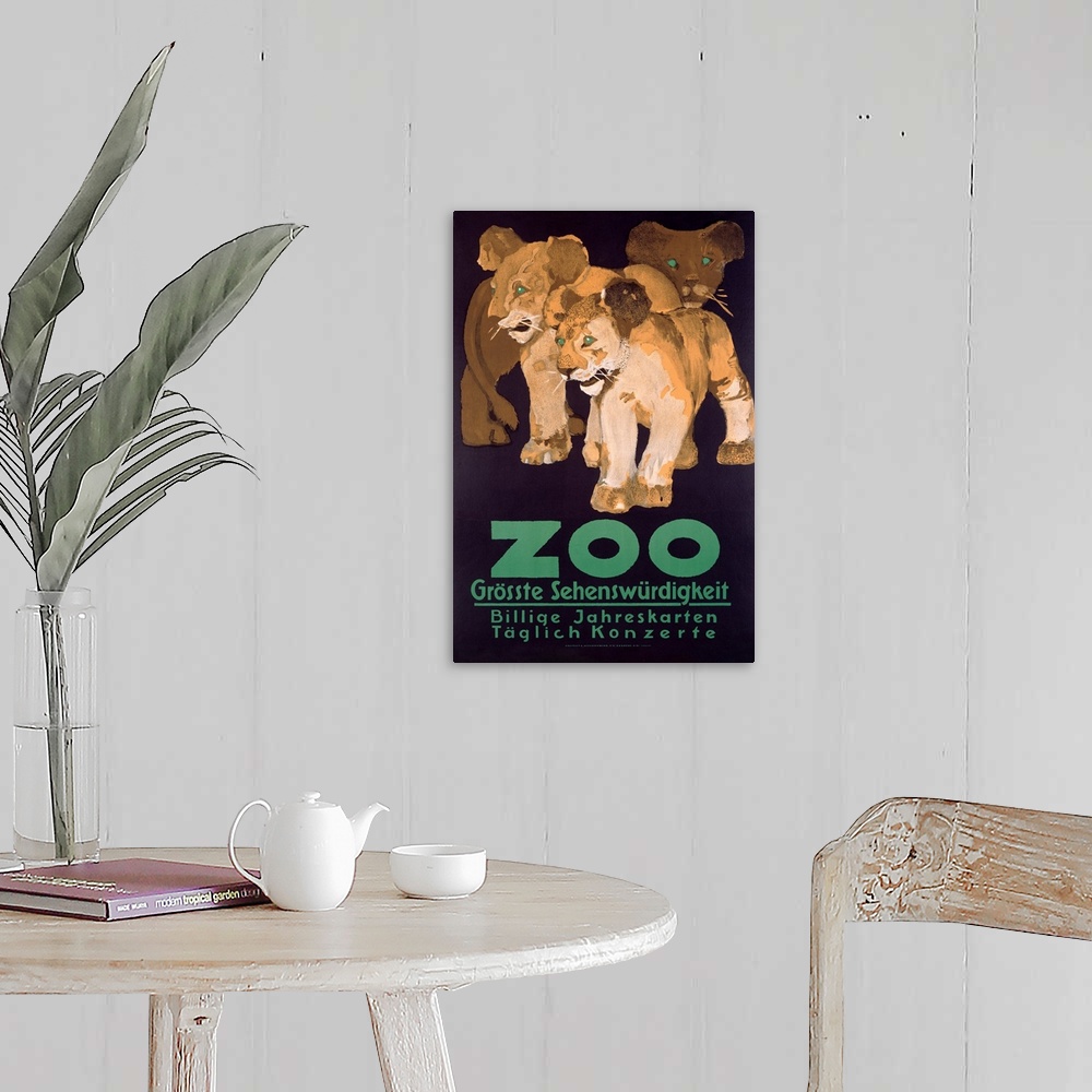 A farmhouse room featuring A large vintage poster of three lion cubs with bold green eyes and bold green text below them.