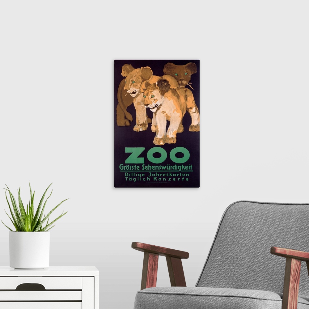 A modern room featuring A large vintage poster of three lion cubs with bold green eyes and bold green text below them.