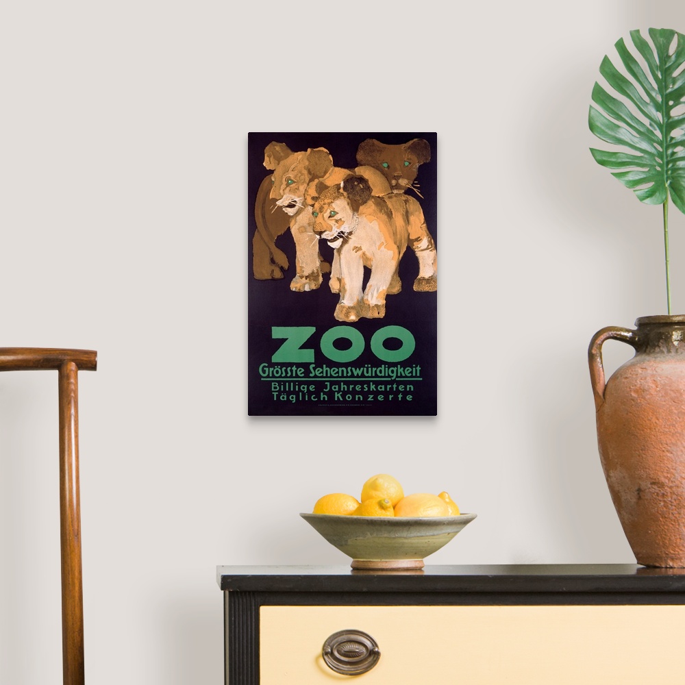 A traditional room featuring A large vintage poster of three lion cubs with bold green eyes and bold green text below them.