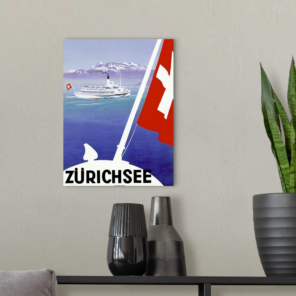 A modern room featuring Zurichsee, Lake Geneva, Switzerland, Vintage Poster