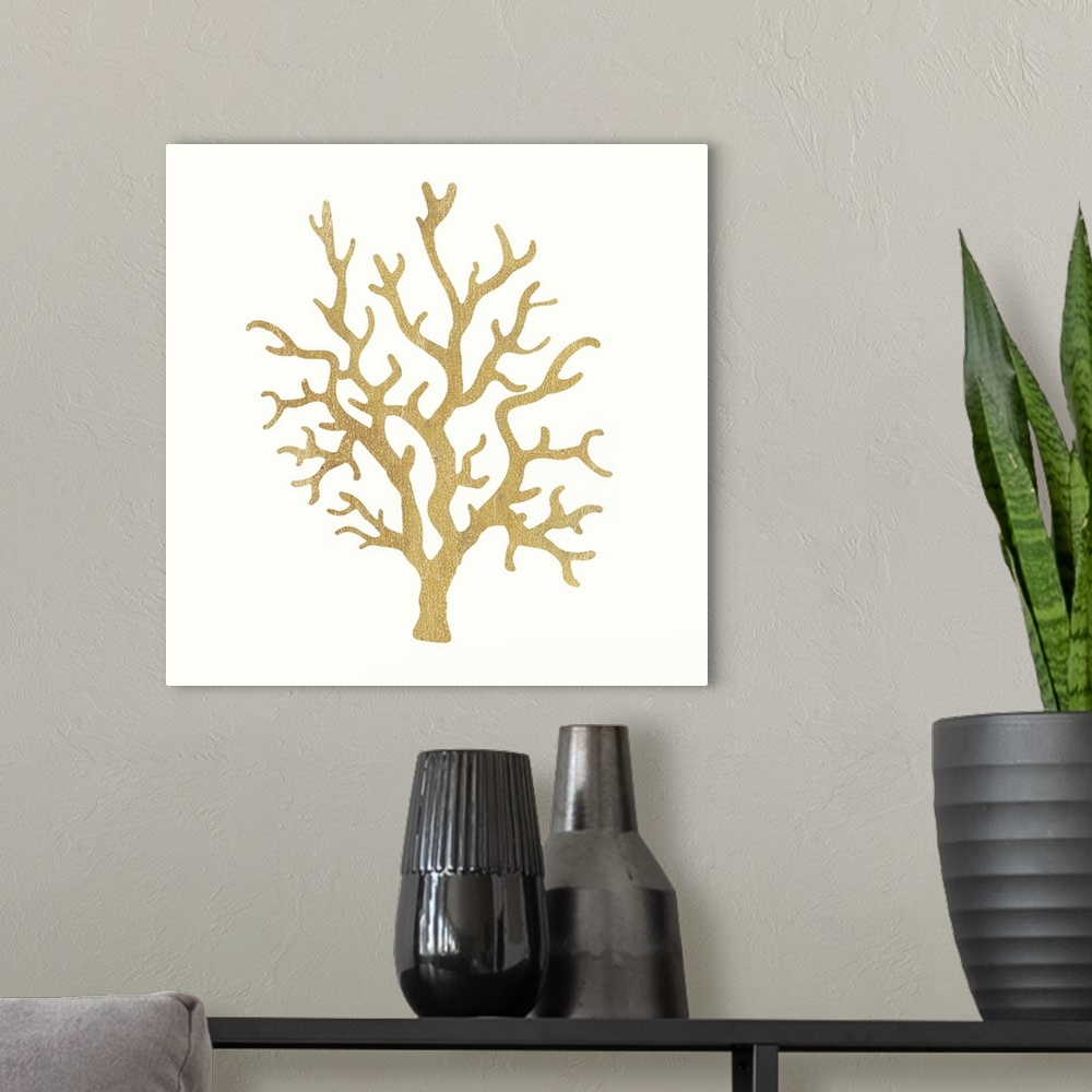A modern room featuring Minimalist artwork of a golden coral outline on off-white.