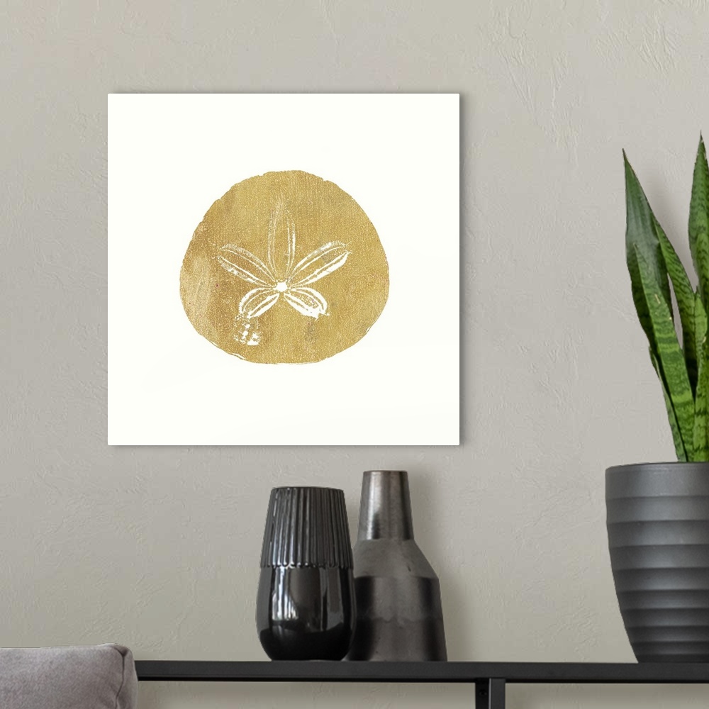 A modern room featuring Minimalist artwork of a golden sand dollar outline on off-white.