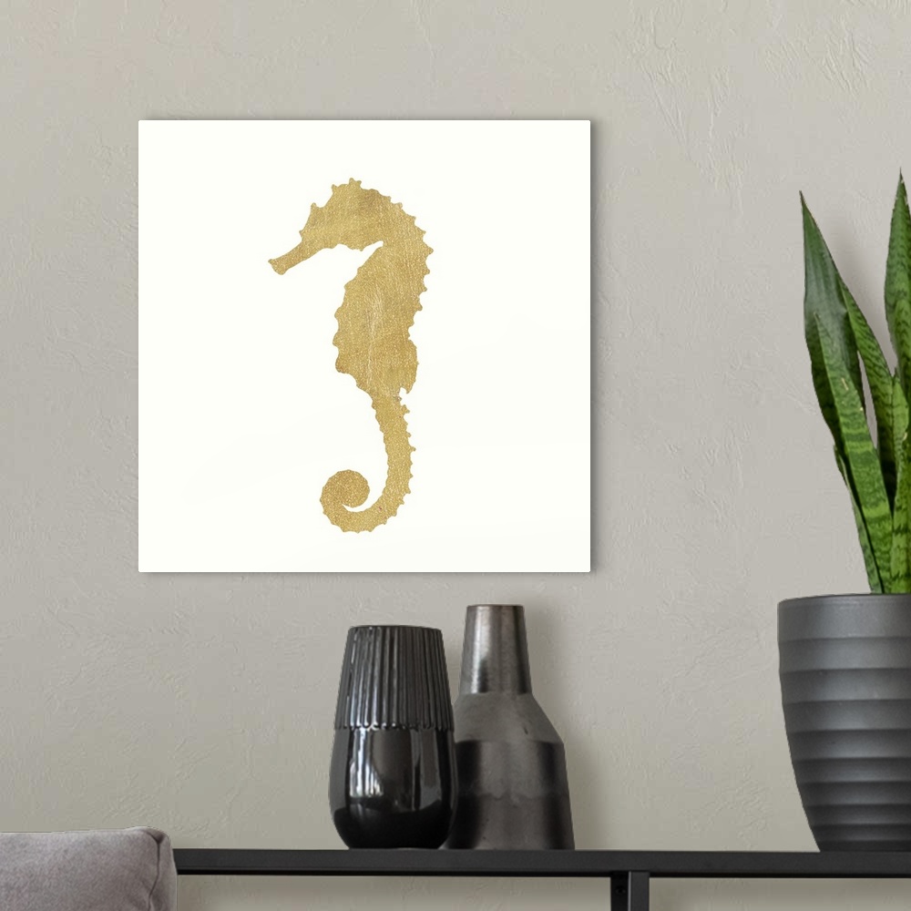 A modern room featuring Minimalist artwork of a golden seahorse outline on off-white.