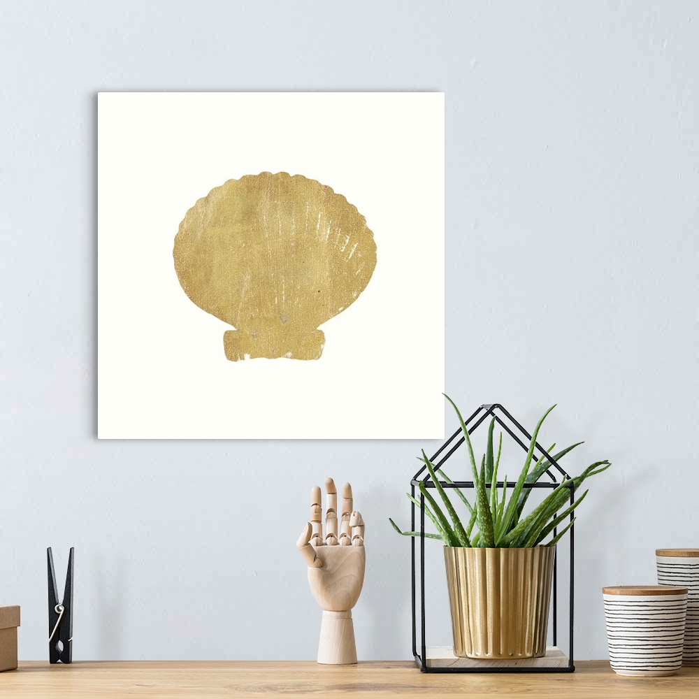 A bohemian room featuring Minimalist artwork of a golden scallop shell outline on off-white.
