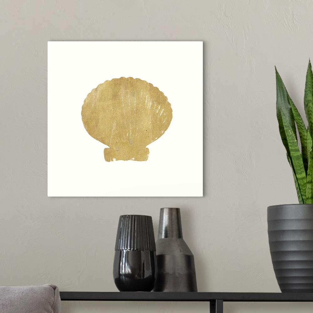 A modern room featuring Minimalist artwork of a golden scallop shell outline on off-white.