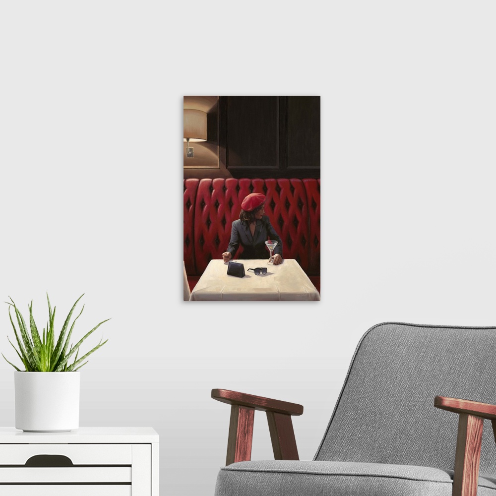 A modern room featuring Contemporary painting of a woman at a restaurant looking sideways.
