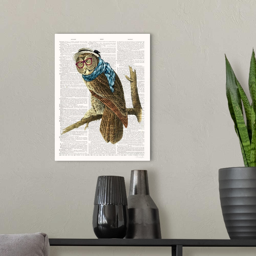 A modern room featuring Vintage illustration of an owl with glasses on a dictionary page.