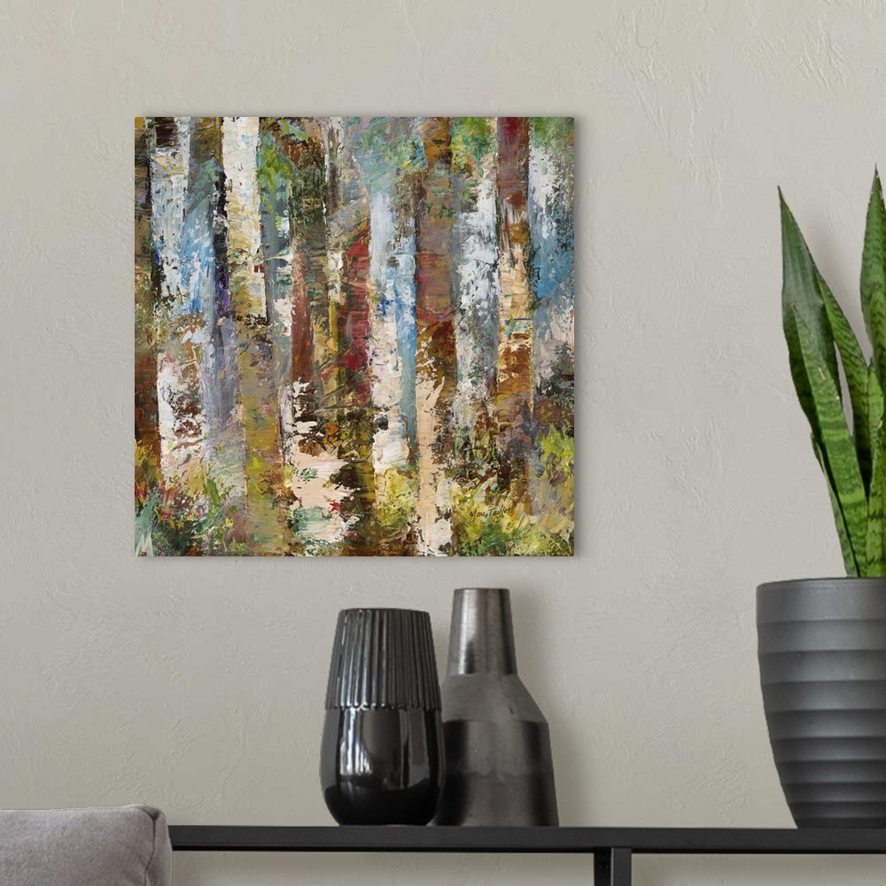 A modern room featuring Contemporary abstract painting of a mash-up of colors and textures resembling a dense forest.