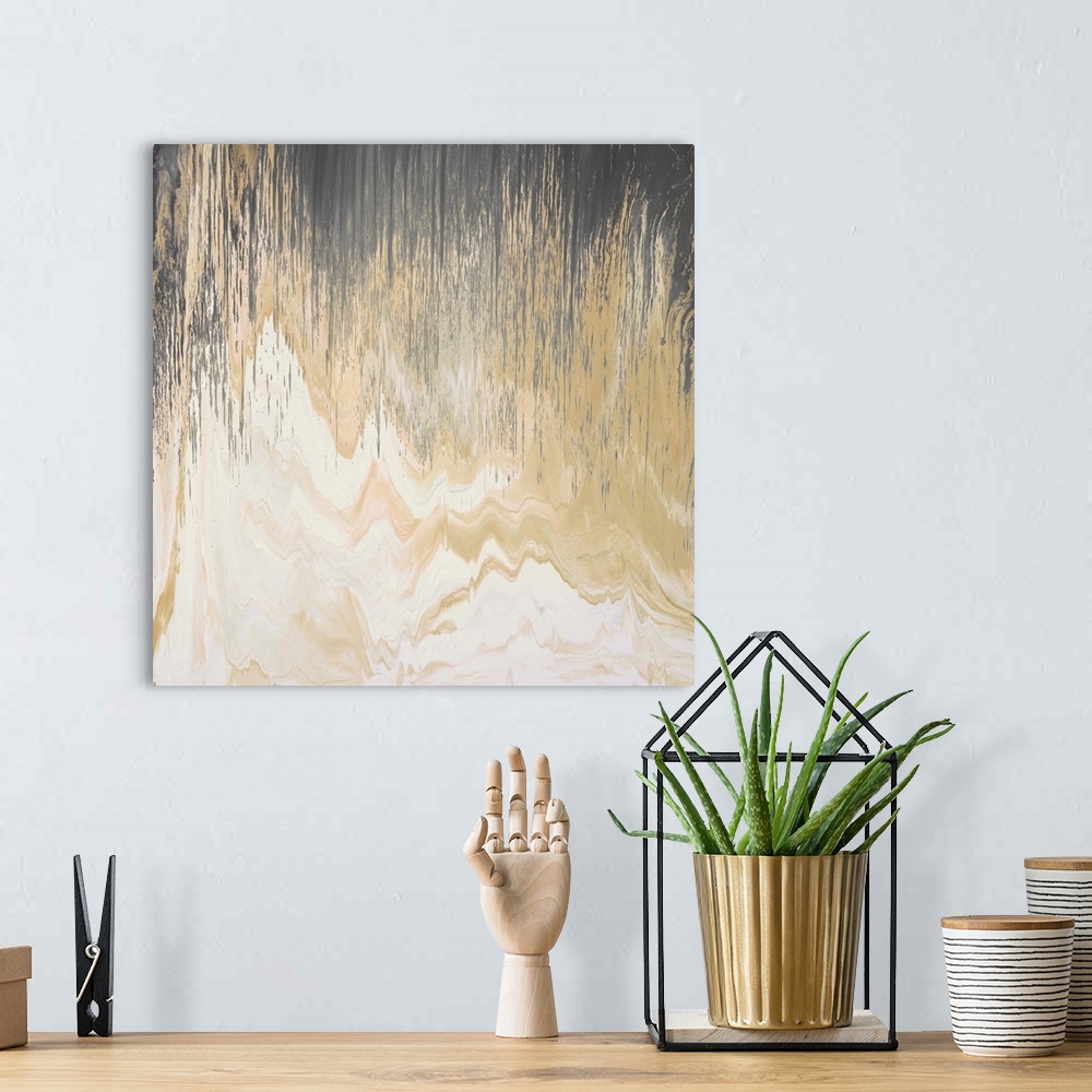 A bohemian room featuring Contemporary abstract painting of a dark brown color transitioning to a light golden brown stream...