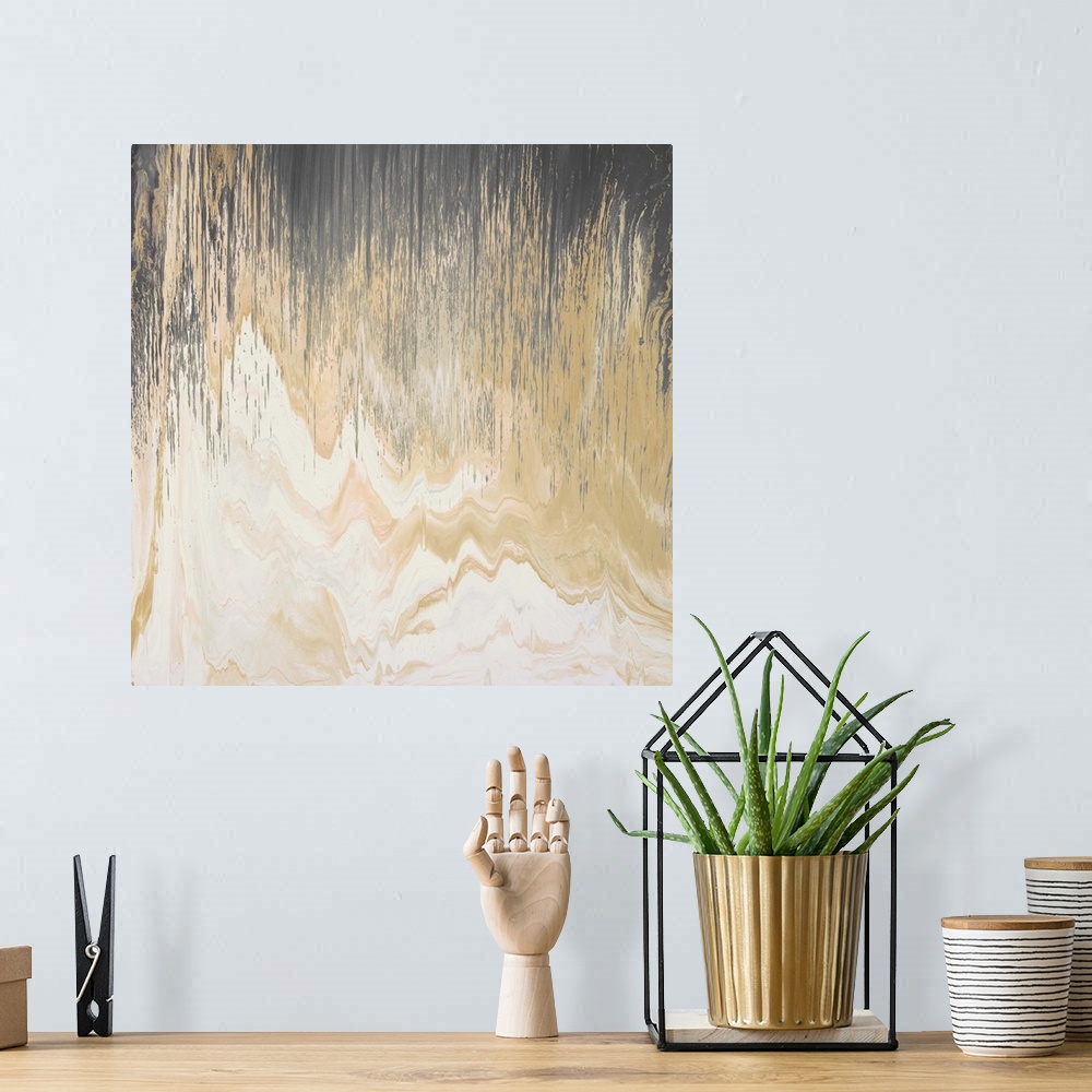 A bohemian room featuring Contemporary abstract painting of a dark brown color transitioning to a light golden brown stream...
