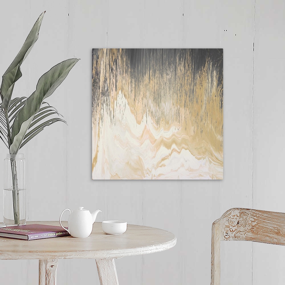 A farmhouse room featuring Contemporary abstract painting of a dark brown color transitioning to a light golden brown stream...