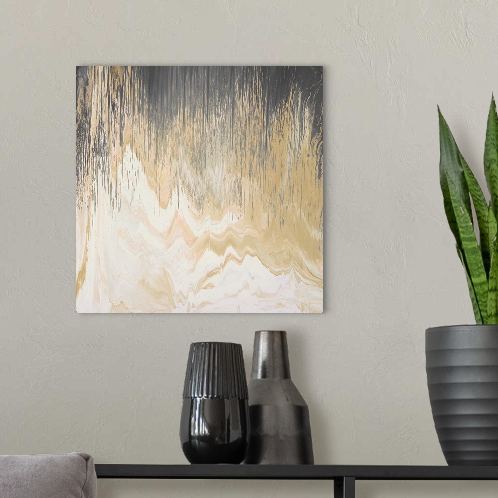 A modern room featuring Contemporary abstract painting of a dark brown color transitioning to a light golden brown stream...