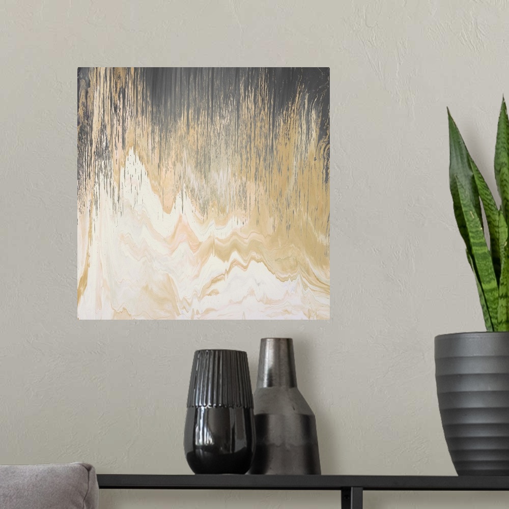 A modern room featuring Contemporary abstract painting of a dark brown color transitioning to a light golden brown stream...