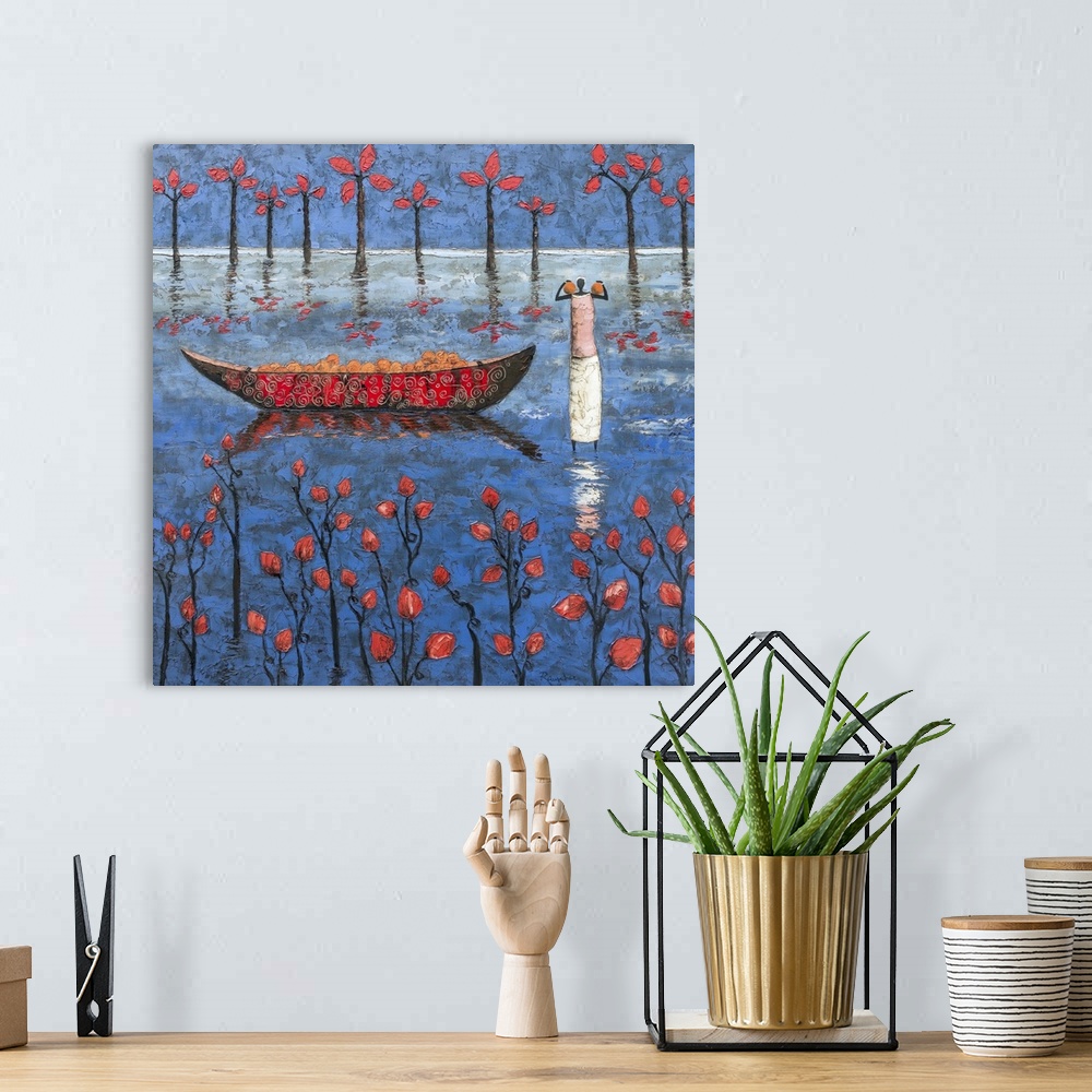 A bohemian room featuring Contemporary painting of a figure carrying fruit to a boat on the river.