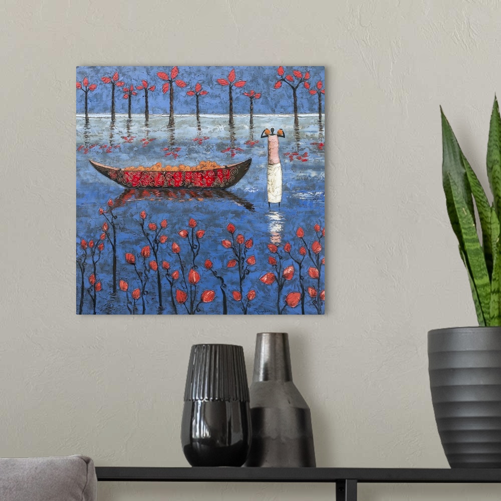 A modern room featuring Contemporary painting of a figure carrying fruit to a boat on the river.