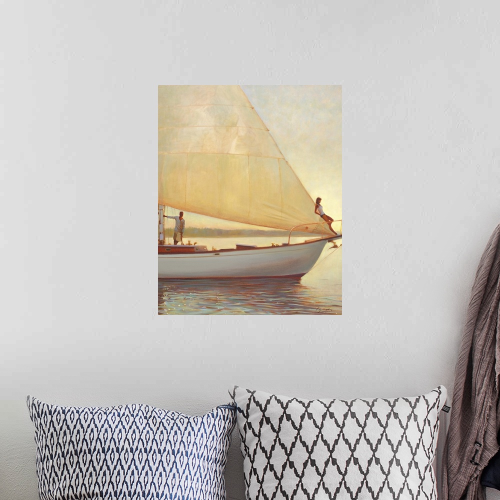 A bohemian room featuring Contemporary painting of man and woman on a boat sailing on a glimmering sea.
