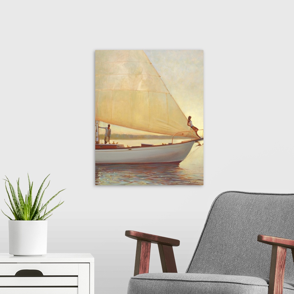 A modern room featuring Contemporary painting of man and woman on a boat sailing on a glimmering sea.