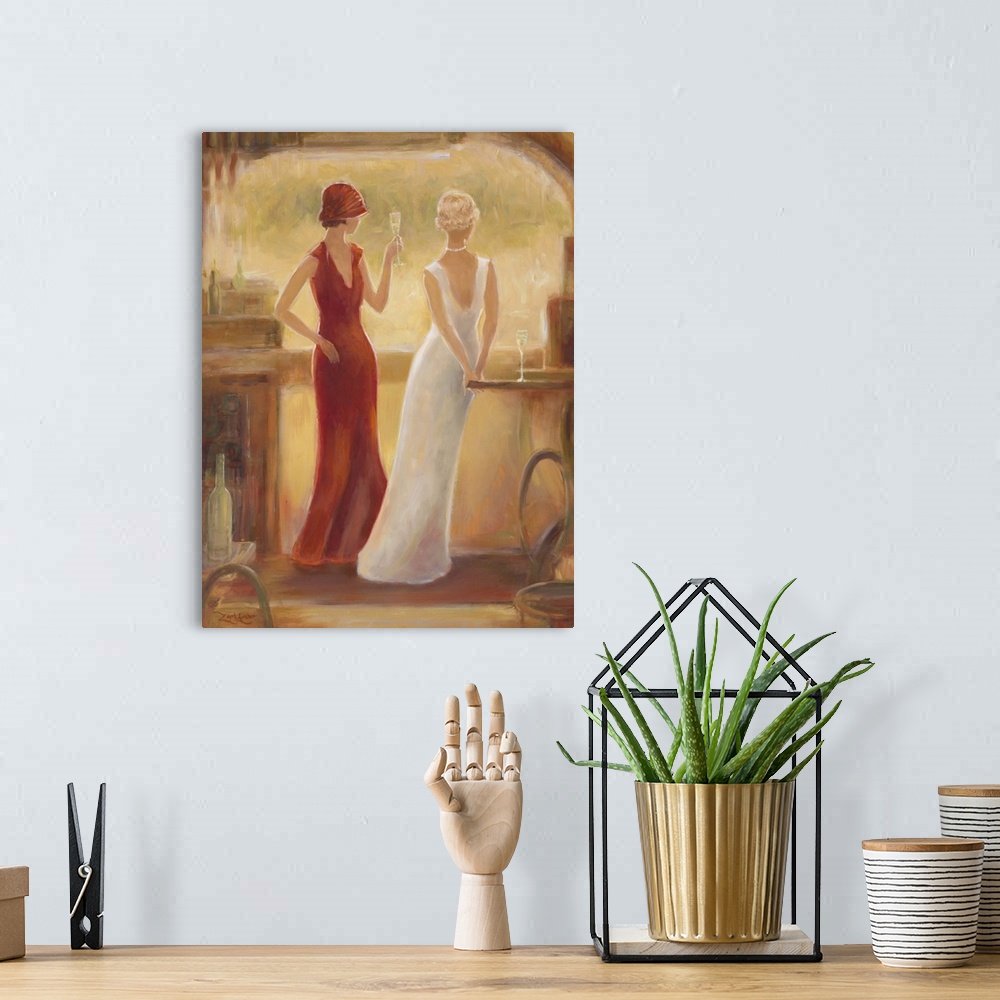 A bohemian room featuring Contemporary artwork of two women having an afternoon cocktail.