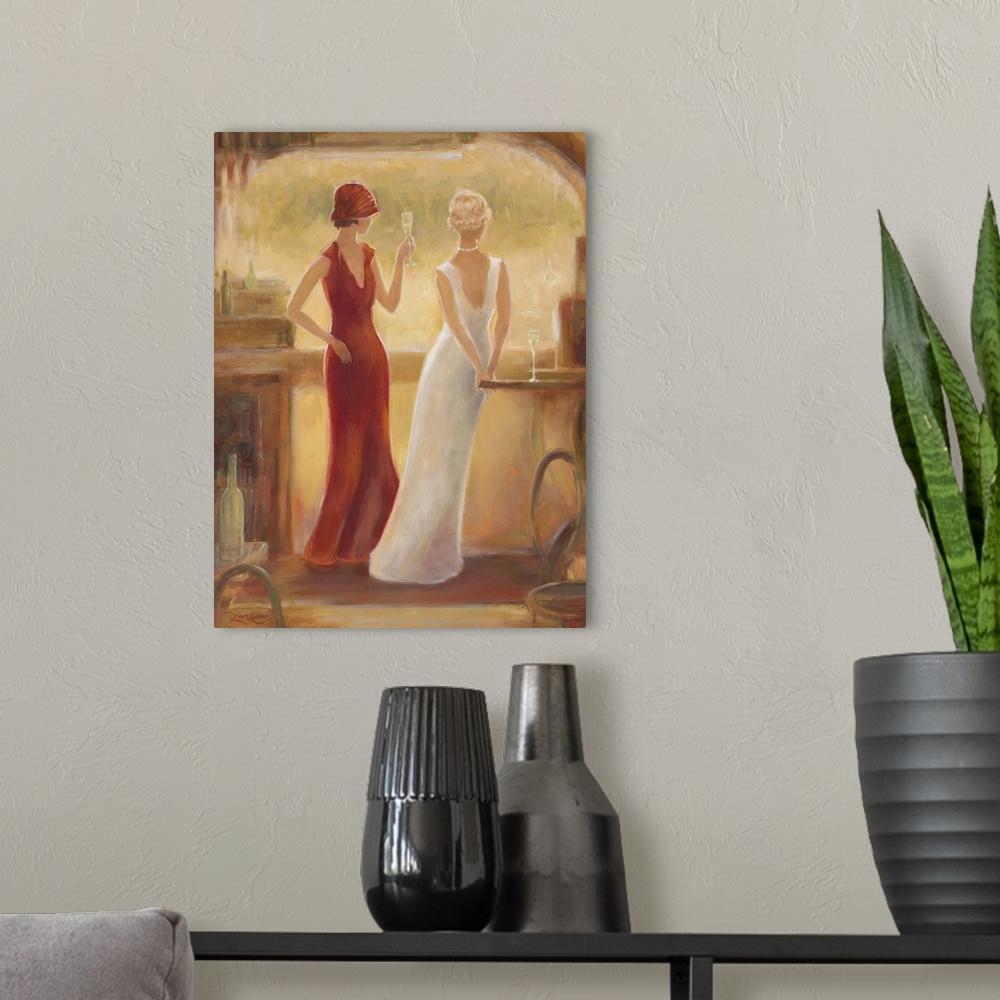 A modern room featuring Contemporary artwork of two women having an afternoon cocktail.