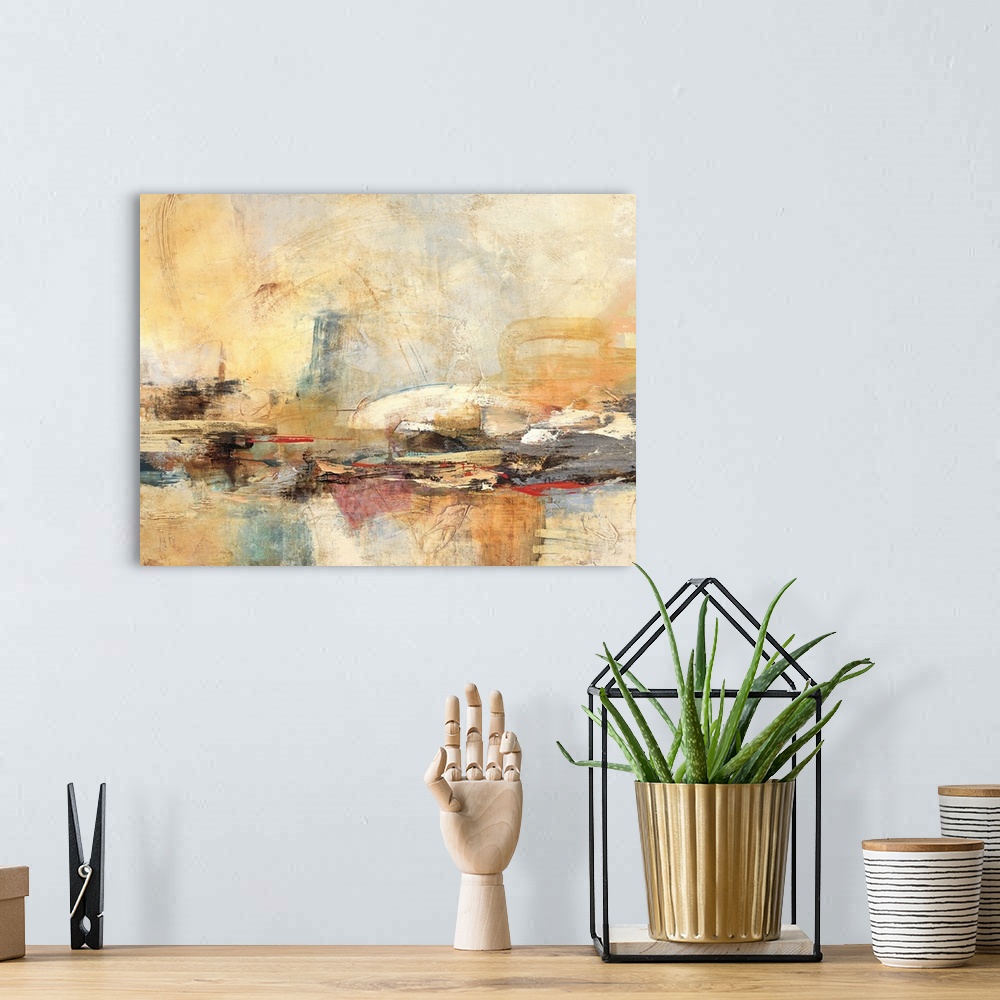 A bohemian room featuring Contemporary abstract art print in earthy shades of orange and grey with heavy brush textures.
