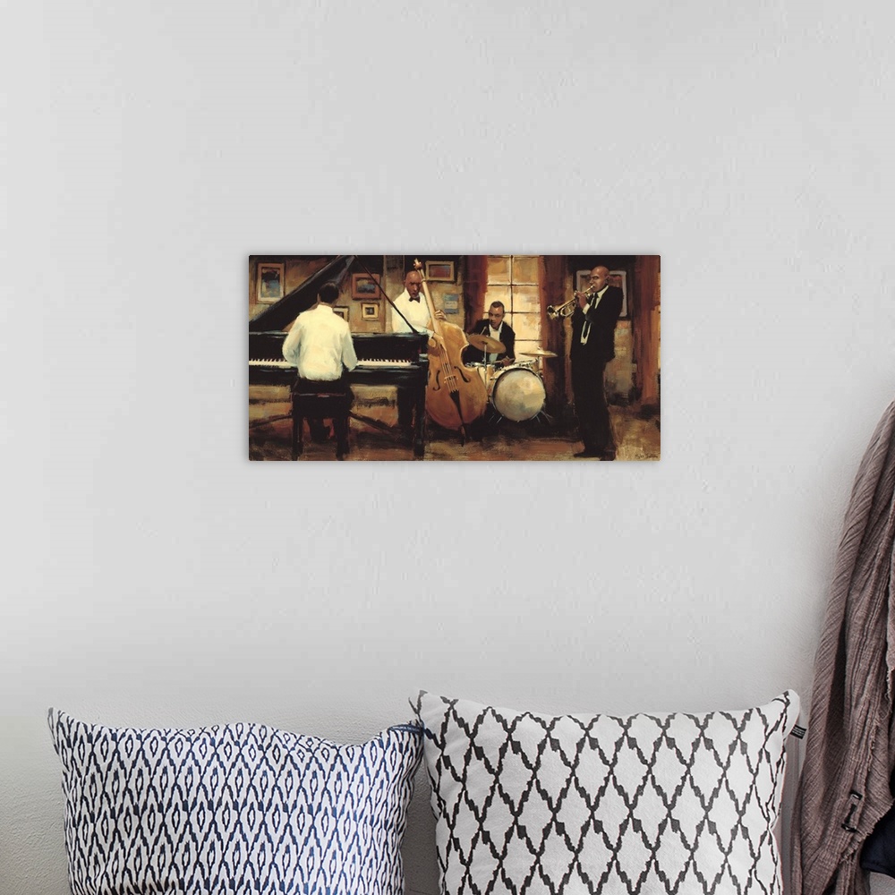 A bohemian room featuring Contemporary painting of a group of jazz musicians, including a trumpet plater, a drummer, a bass...