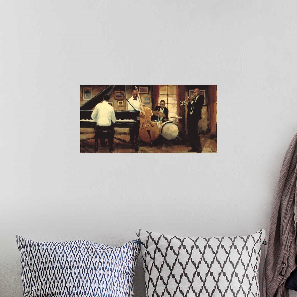 A bohemian room featuring Contemporary painting of a group of jazz musicians, including a trumpet plater, a drummer, a bass...