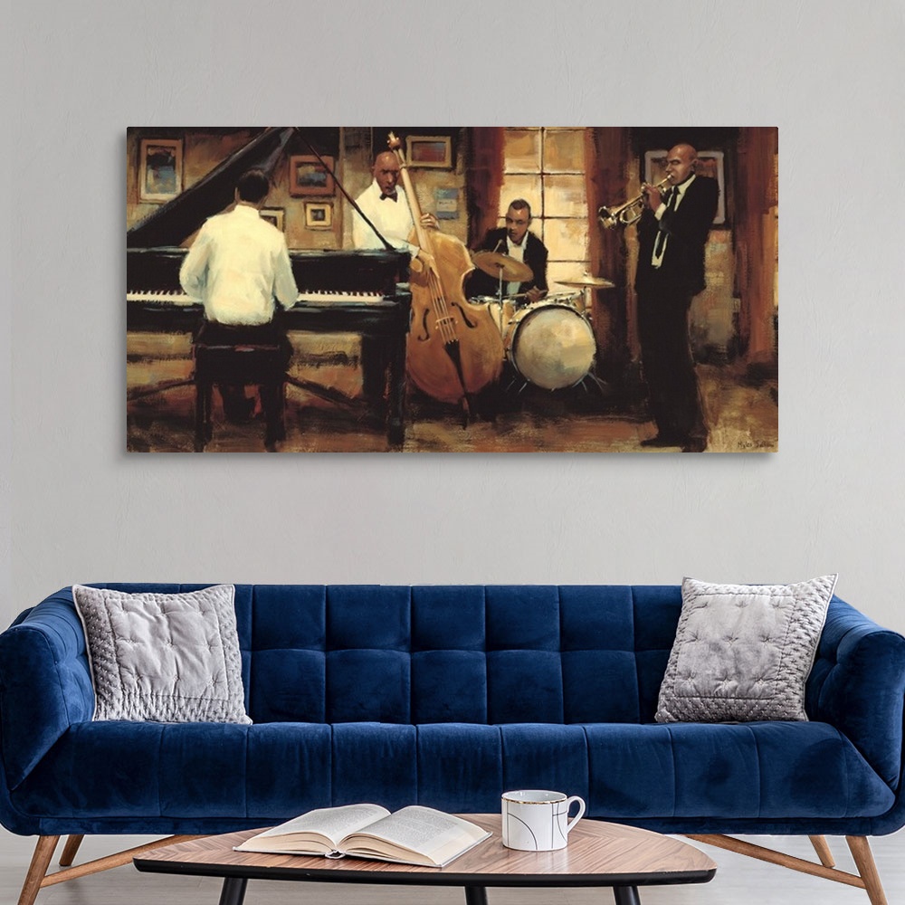 A modern room featuring Contemporary painting of a group of jazz musicians, including a trumpet plater, a drummer, a bass...