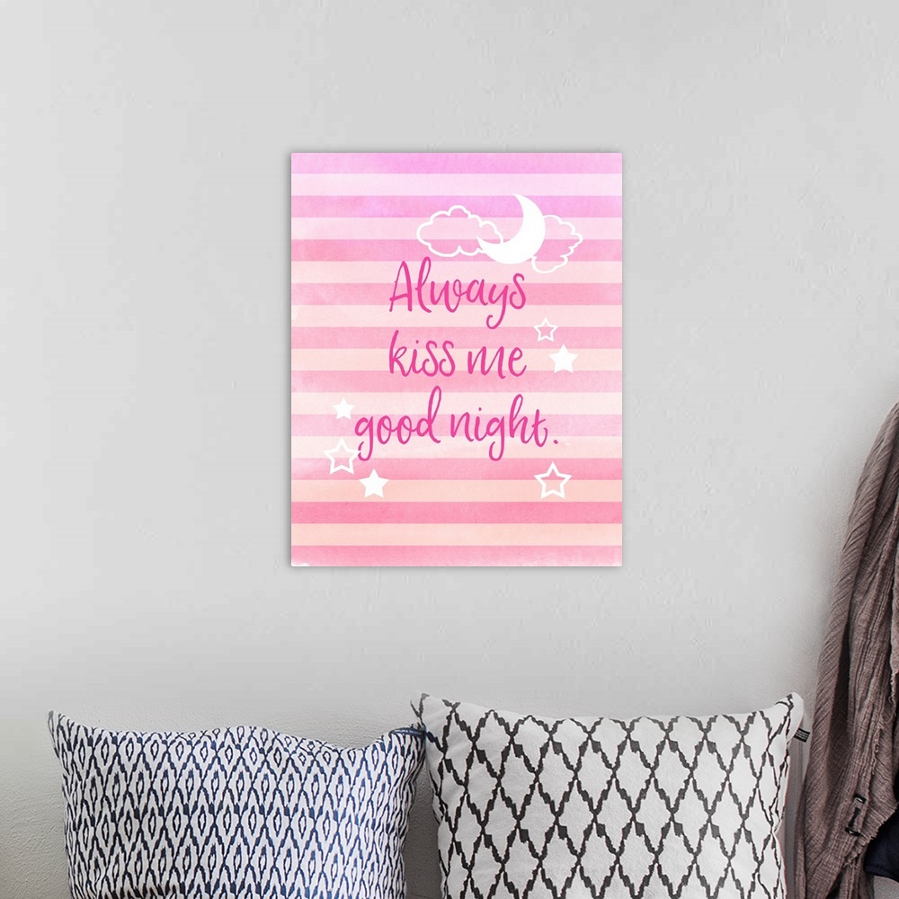 A bohemian room featuring Nursery artwork of the moon and stars on a pink striped background.