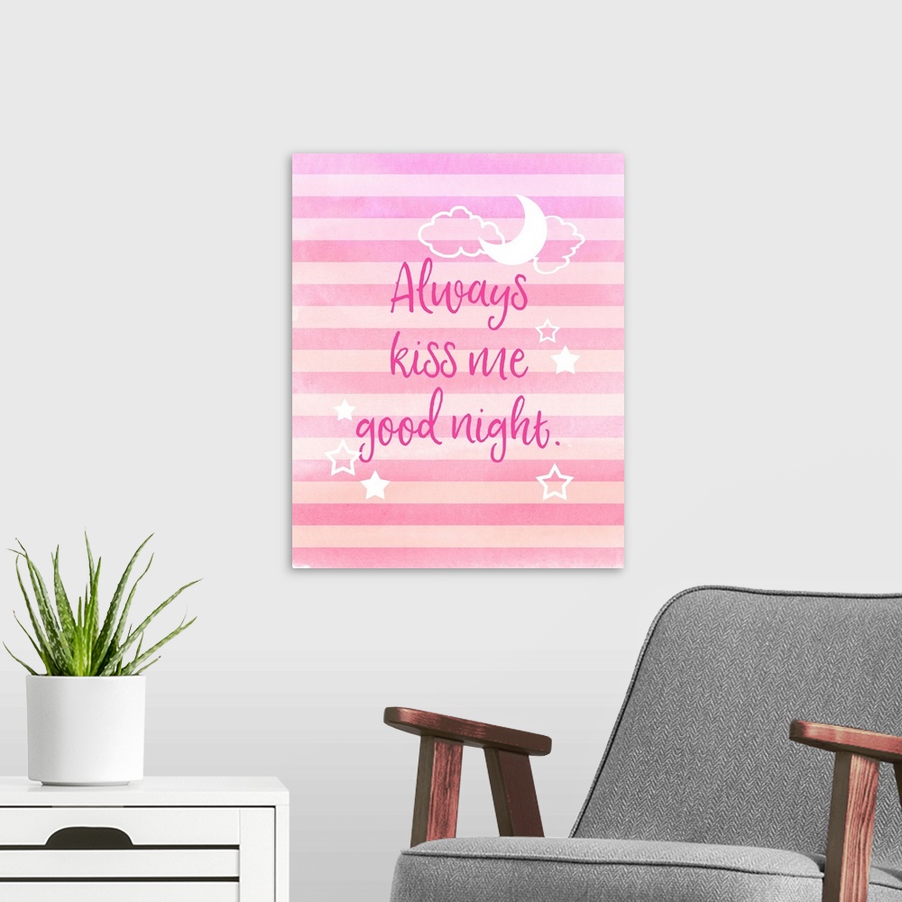 A modern room featuring Nursery artwork of the moon and stars on a pink striped background.