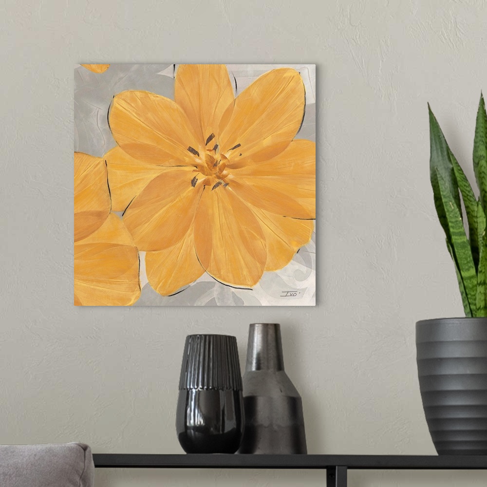 A modern room featuring Decorative artwork of a cheerful orange flower on a grey background.