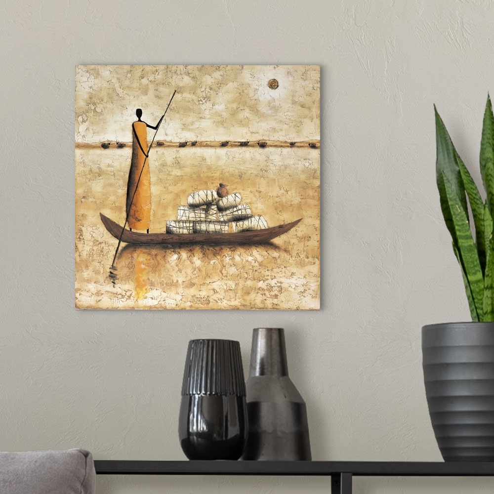 A modern room featuring Contemporary painting of a figure standing on a boat moving supplies on the river.