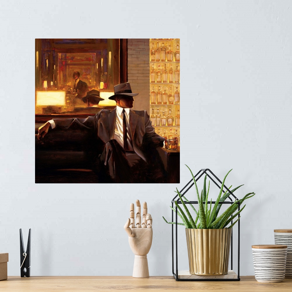 A bohemian room featuring Contemporary painting of man wearing a suit and hat sitting on sofa in a lounge holding a drink i...