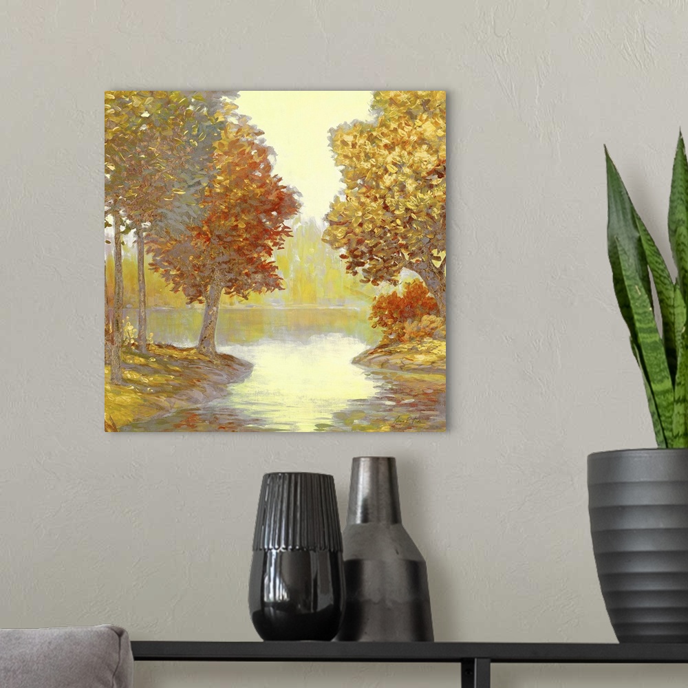 A modern room featuring Contemporary painting of trees along the riverside in the fall.