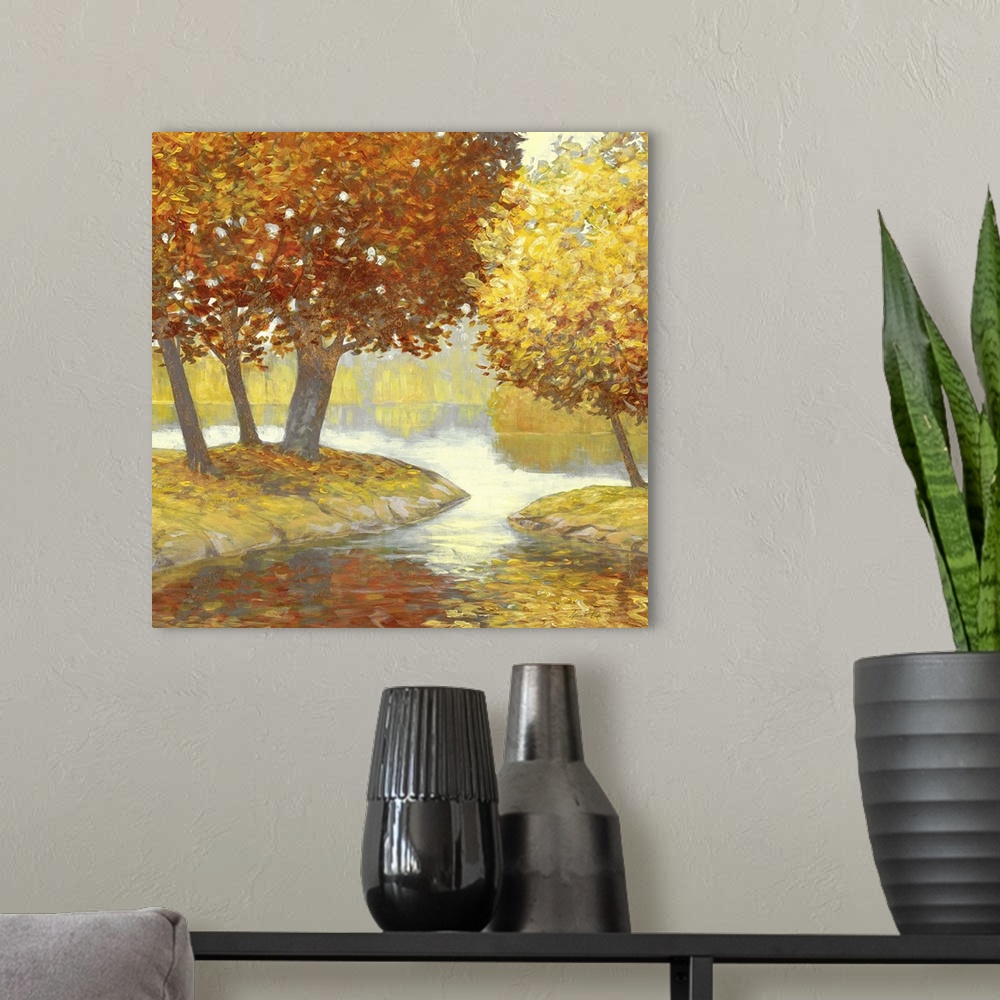 A modern room featuring Contemporary painting of trees along the riverside in the fall.