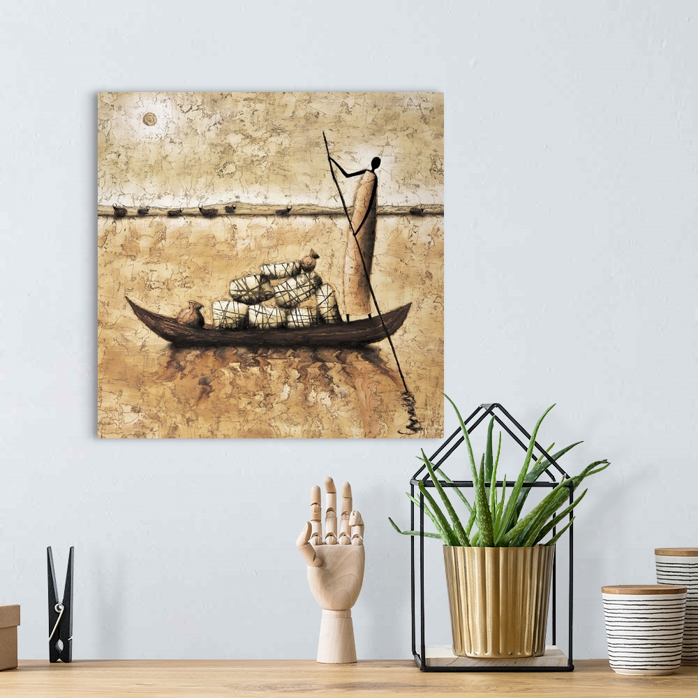 A bohemian room featuring Contemporary painting of a figure standing on a boat moving supplies on the river.
