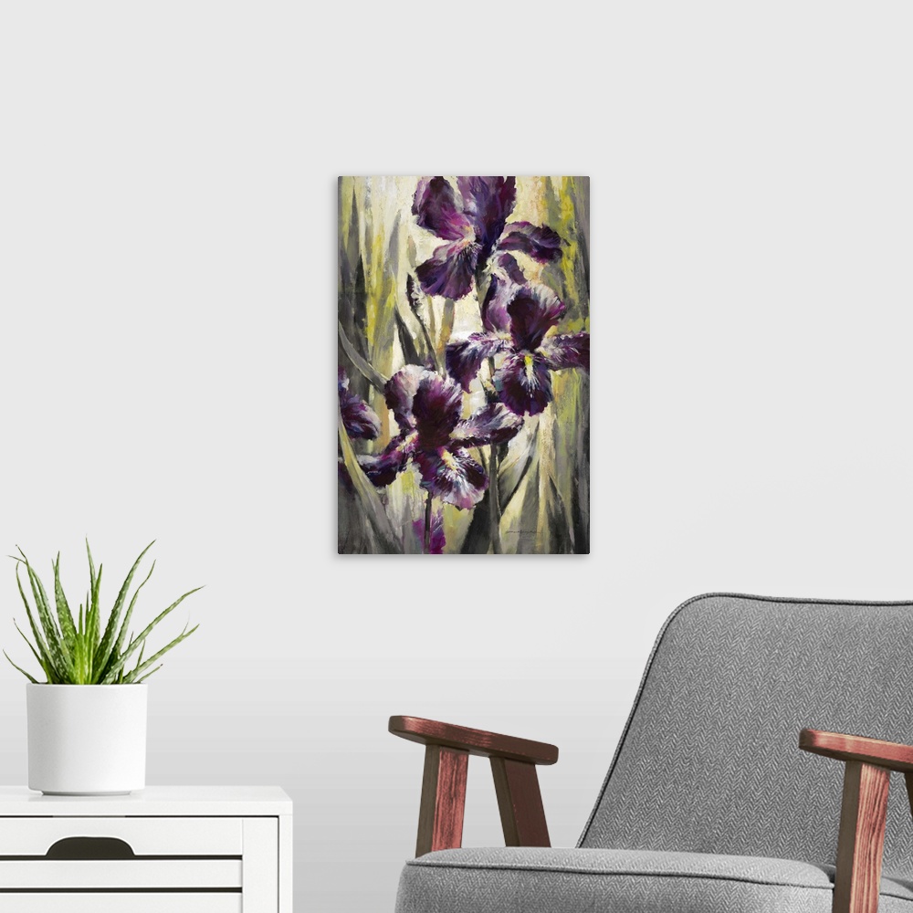 A modern room featuring Contemporary painting of vibrant purple iris flowers.