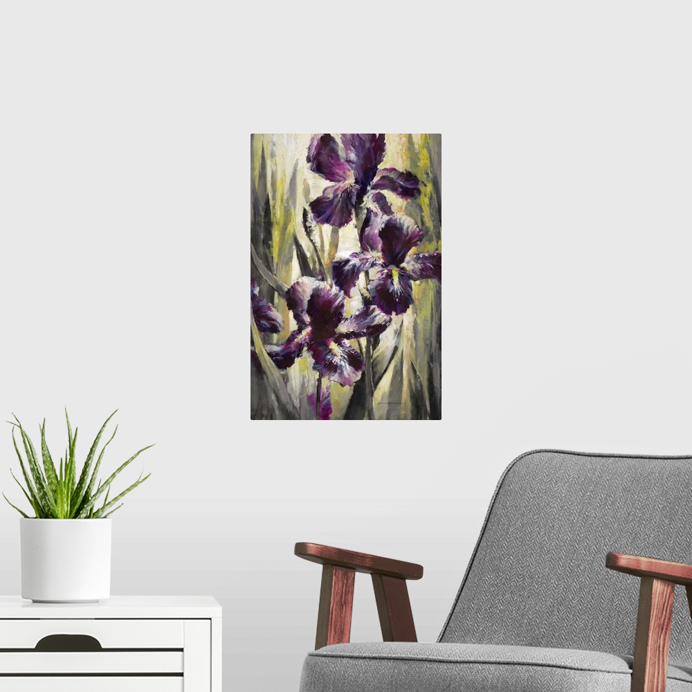 A modern room featuring Contemporary painting of vibrant purple iris flowers.