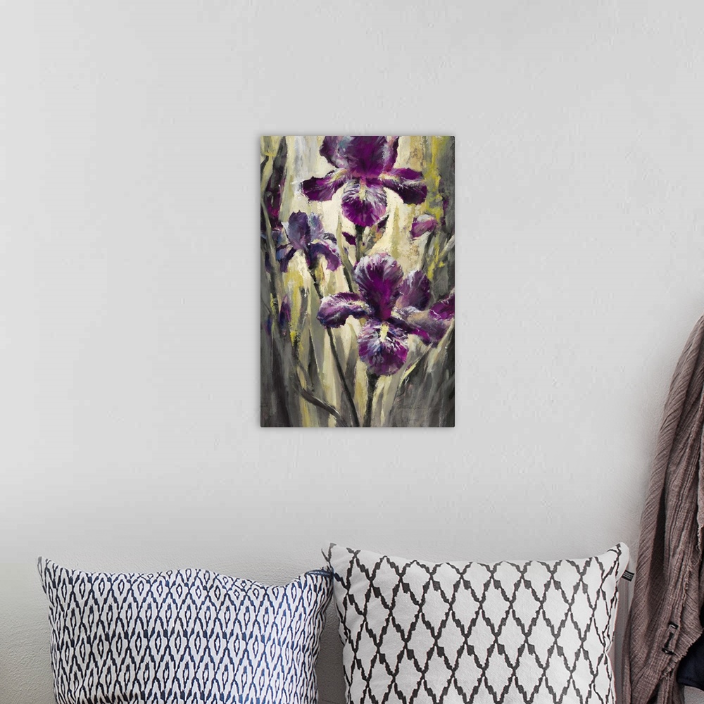 A bohemian room featuring Contemporary painting of vibrant purple iris flowers.