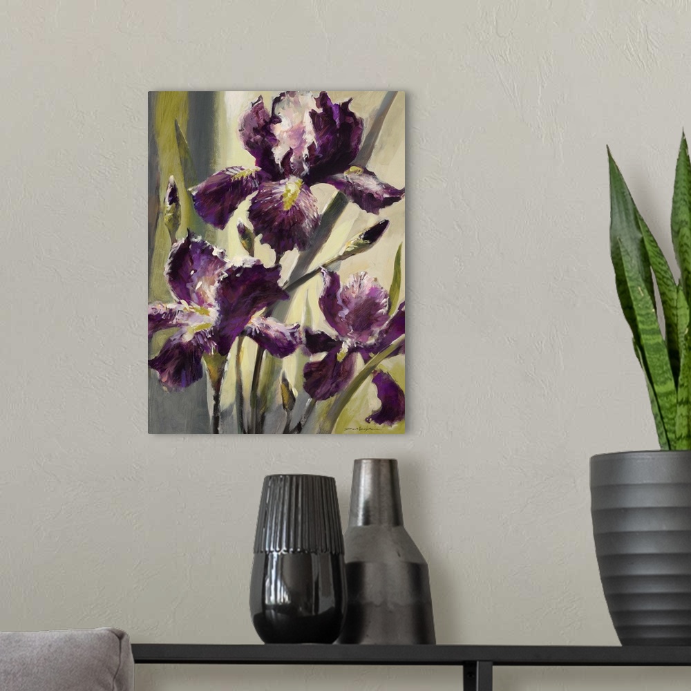 A modern room featuring Contemporary painting of three purple iris flowers.