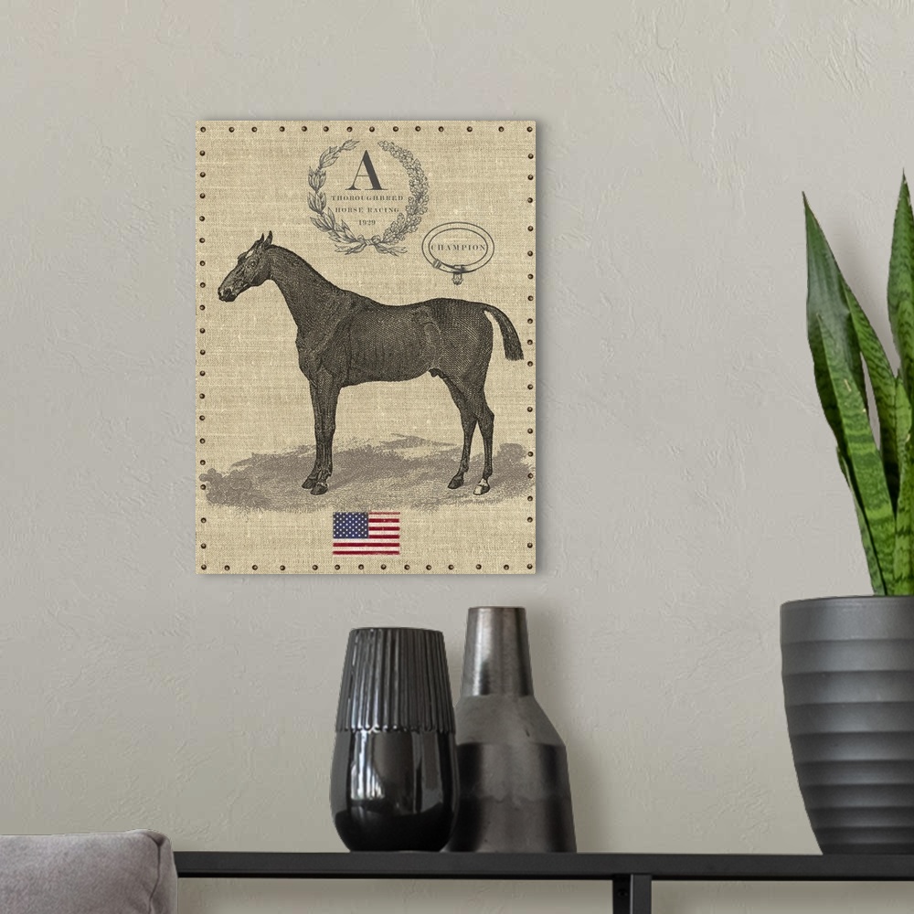 A modern room featuring Contemporary equestrian art incorporating the American flag.