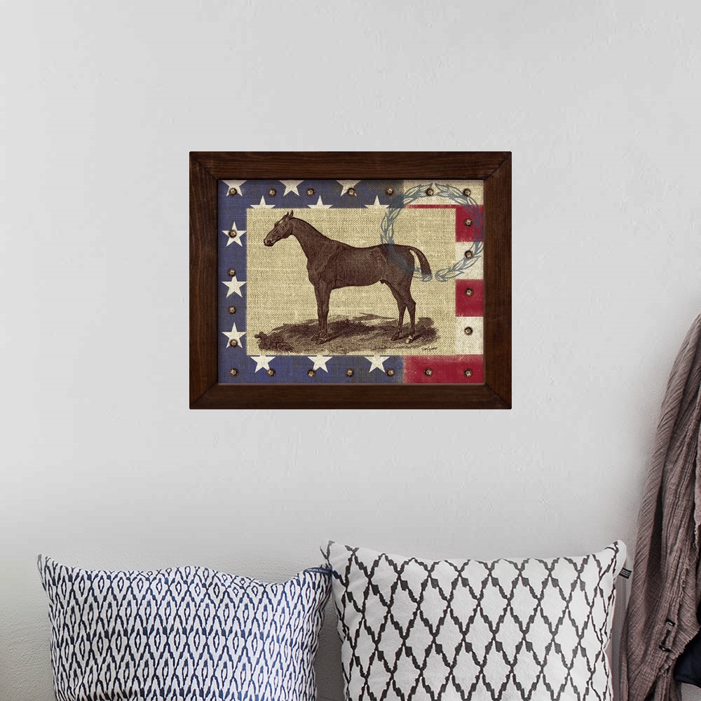 A bohemian room featuring Contemporary equestrian art incorporating the American flag.