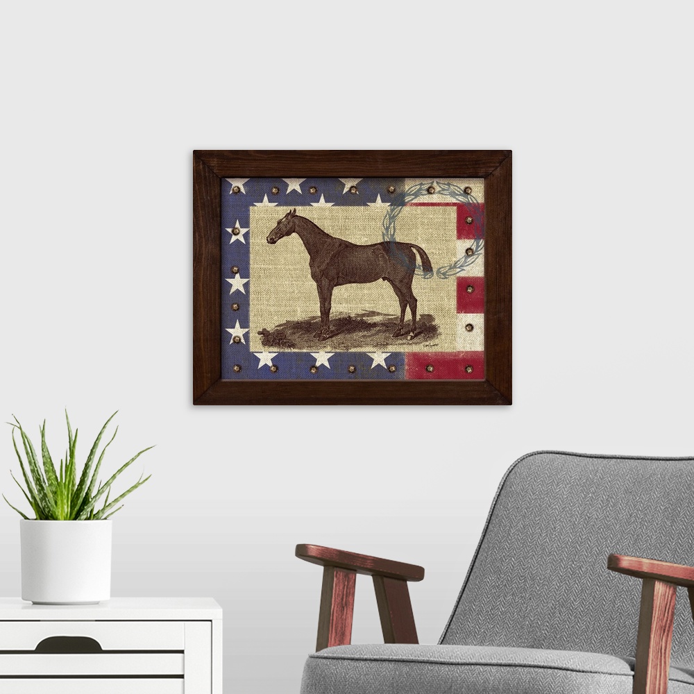 A modern room featuring Contemporary equestrian art incorporating the American flag.