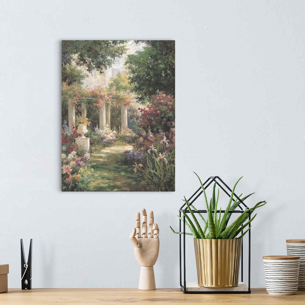 A bohemian room featuring Contemporary painting of a serene garden with columns.