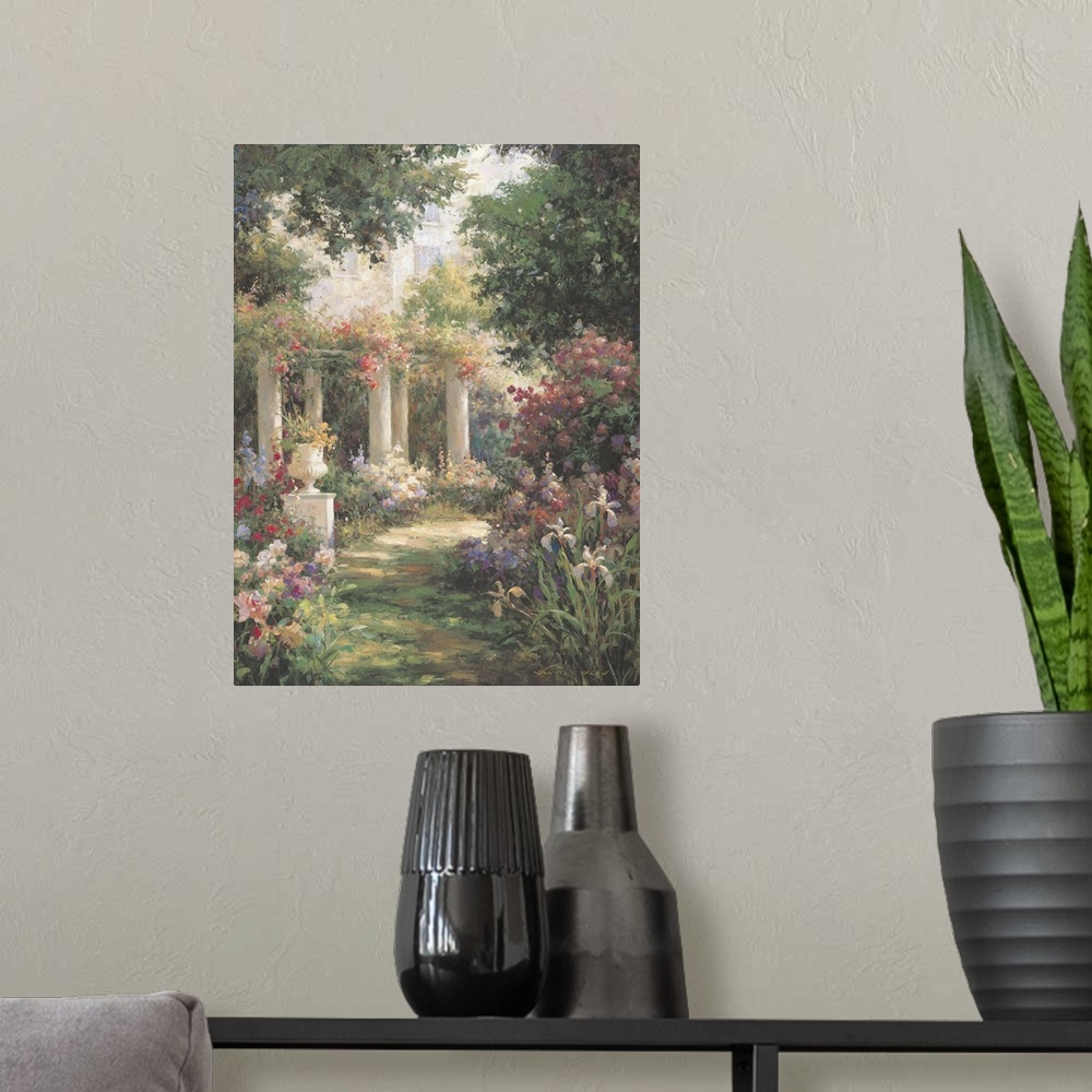 A modern room featuring Contemporary painting of a serene garden with columns.